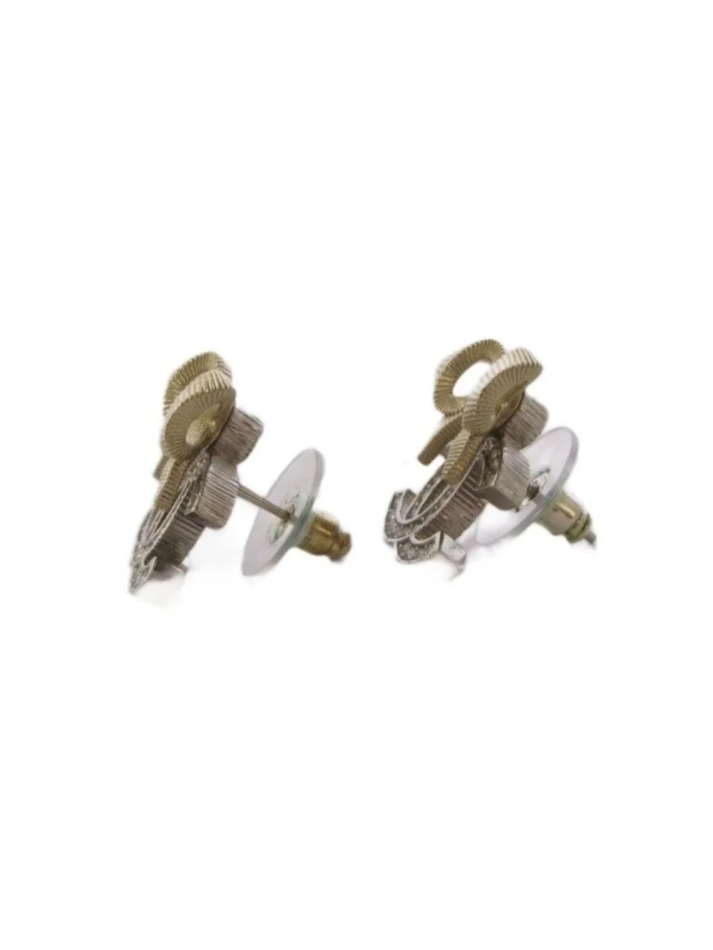 Chanel 24k CC Logo Ribbon Earrings Silver Color Gold KH